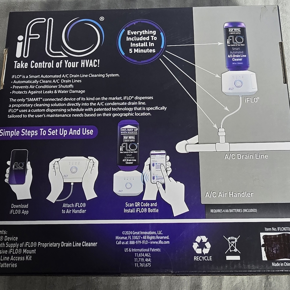 iFLO Smart Automated A/C Drain Line Cleaner HVAC System w‎ 3 Month Supply New